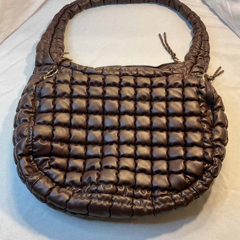 Urban Expressions Chocolate Brown Puffy Squares Quilted, Boho Bag, Tote Textured